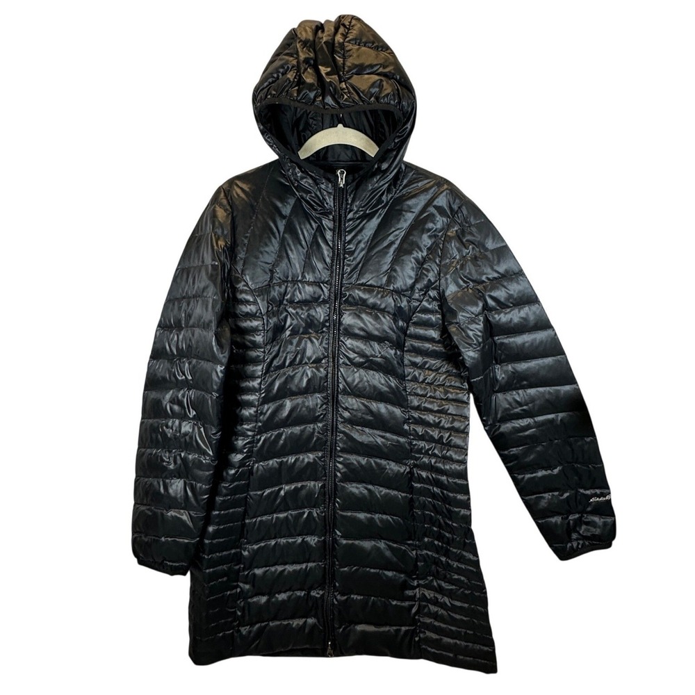 Eddie Bauer Down Women Black Gloss Hooded Puffer Jacket Coat Size M Quilted Long